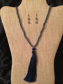 Blue Tassle Necklace with Beaded Dangle Earrings //269